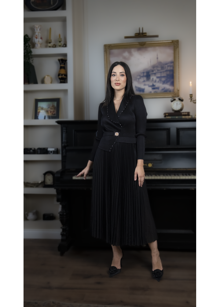 Asil Taş İşlemeli Midi Elbise