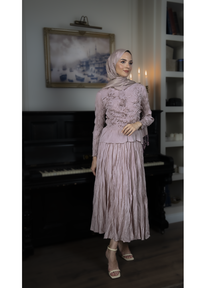 Lila Buruşuk Etek Takım