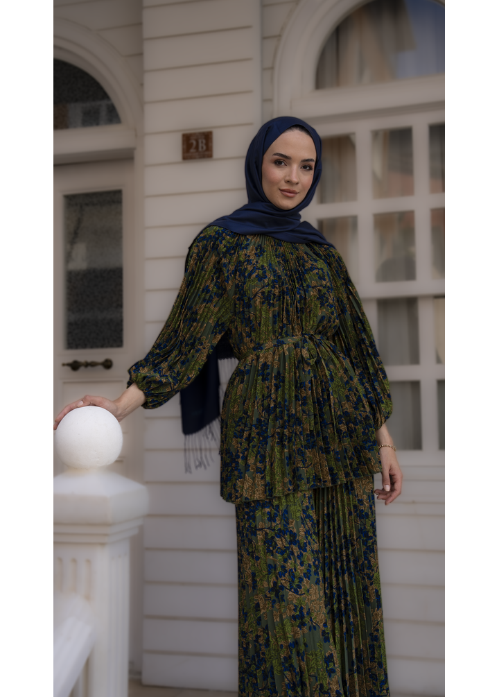 Pileli Pantolon Takımı Yeşil Desen