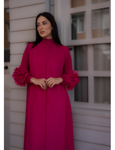 Gül Detaylı Miyake Elbise Pembe