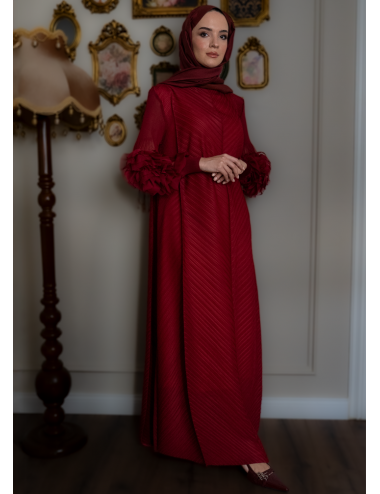 Gül Detaylı Miyake Elbise Bordo