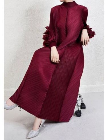 Flower Gül Detaylı Miyake Elbise Bordo