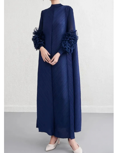 Flower Gül Detaylı Miyake Elbise Lacivert