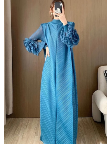 Flower Gül Detaylı Miyake Elbise Mavi