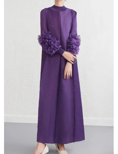 Flower Gül Detaylı Miyake Elbise Mor