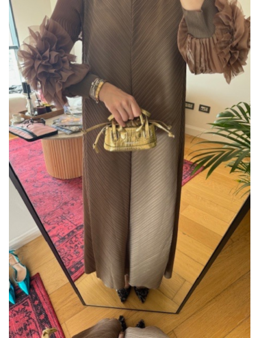 Flower Gül Detaylı Miyake Elbise Vizon
