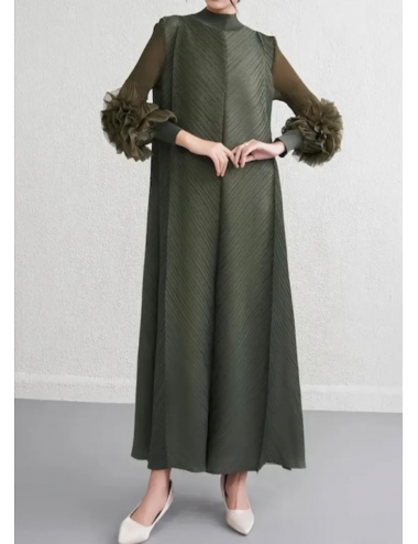 Flower Gül Detaylı Miyake Elbise Yeşil