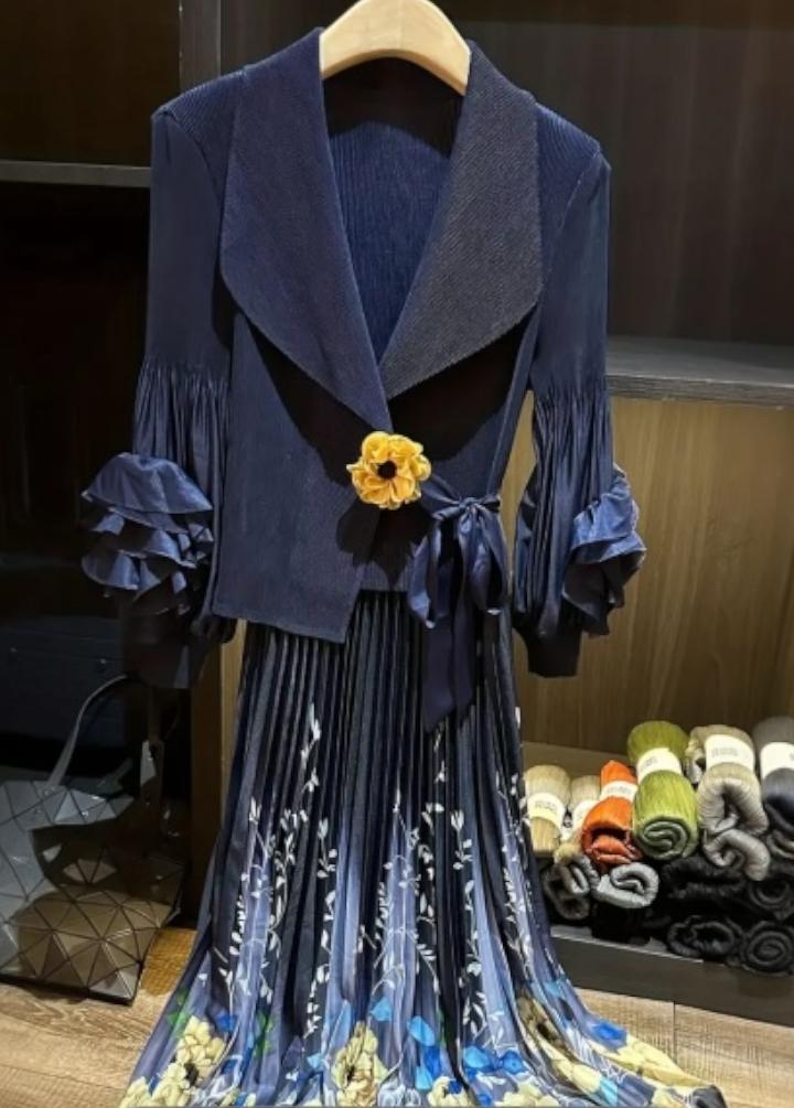 Kendinden Desenli Lacivert Elbise