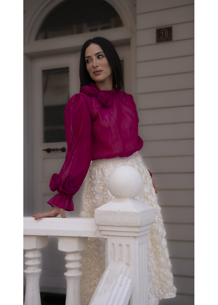 Kolları ve Yakası Güllü Bluz Pembe