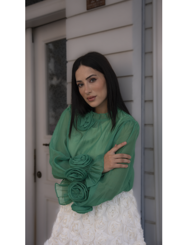 Kolları ve Yakası Güllü Bluz Yeşil