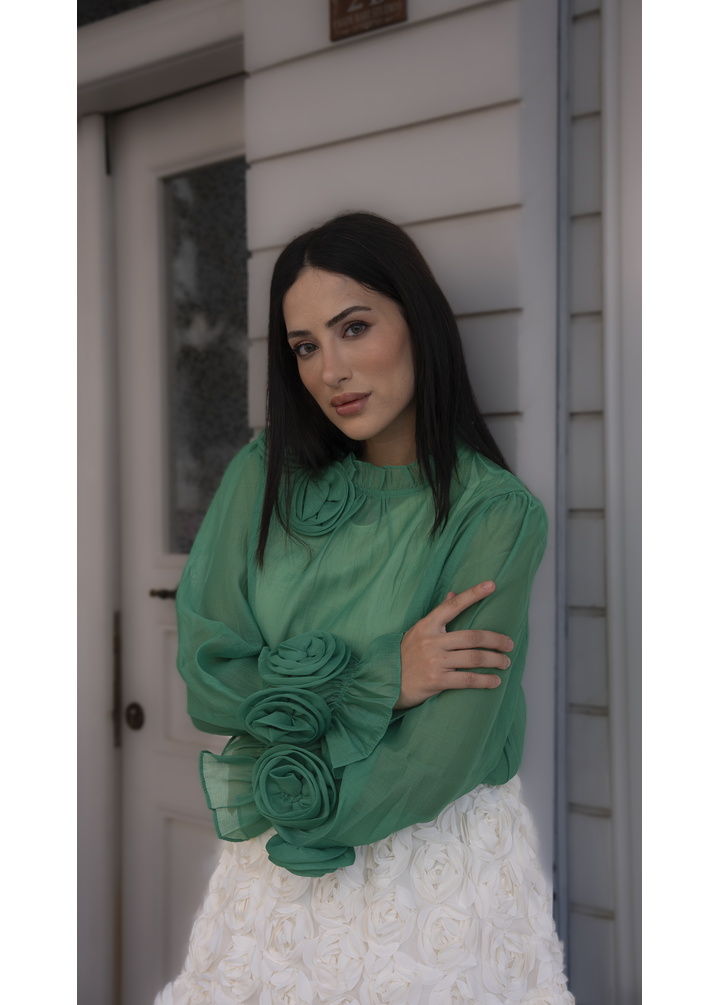 Kolları ve Yakası Güllü Bluz Yeşil