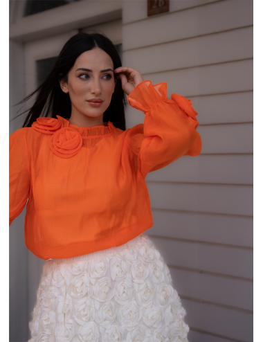 Kolları ve Yakası Güllü Bluz Turuncu